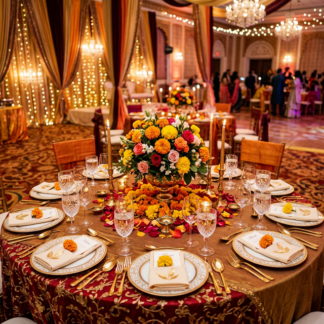 Beautifully decorated J&P Banquet Hall table setup